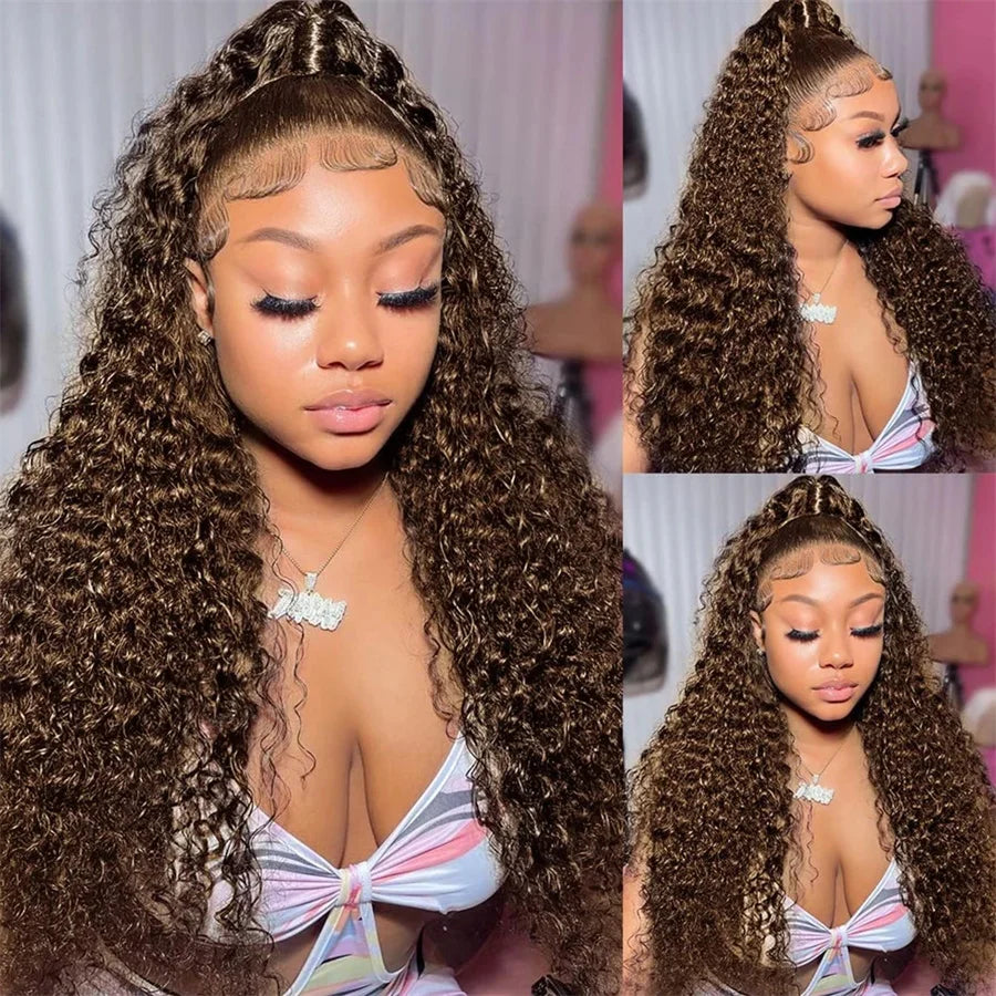 Chocolate Brown 13x6 HD Lace Frontal Wig with 13x4 Curly Deep Wave Human Hair Water Wave Brazilian Style for Women 4x4 Hair