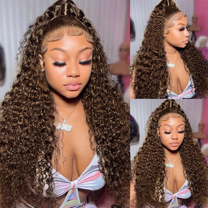 Chocolate Brown 13x6 HD Lace Frontal Wig with 13x4 Curly Deep Wave Human Hair Water Wave Brazilian Style for Women 4x4 Hair