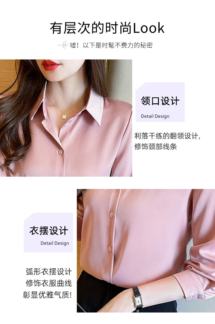 Fashion elegant satin shirts solid color ladies shirts causal Women's Blouses Spring Long Sleeve Shirts Tops Blusas Mujer