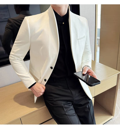 New Blazer Cowhide Velvet Korean Version Business Slim Fit Suit Stand Collar Fashionable Casual Suit Jacket Men Formal Clothing