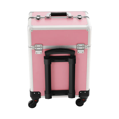 Rolling Makeup Train Case,Cosmetic Trolley with Keys,Hairdressing Travel Case,Large Capacity Trolley Makeup Box,Pink/Black