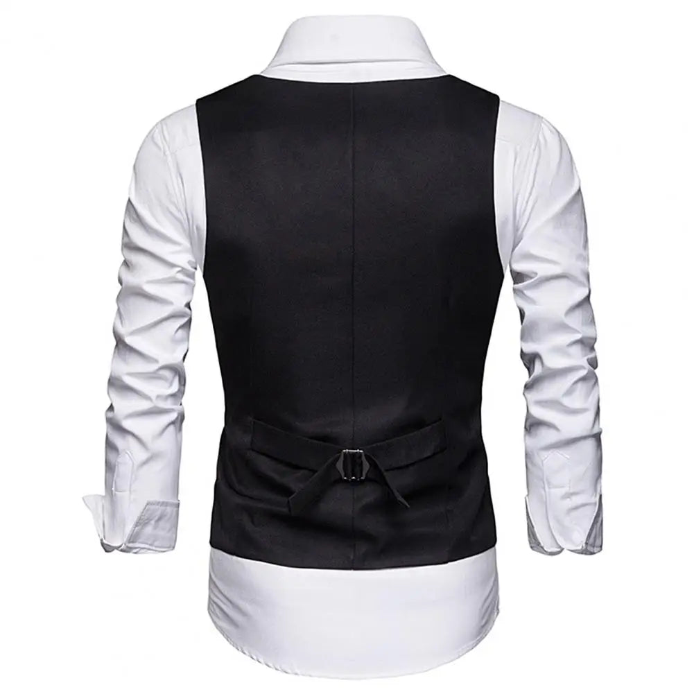 Men Business Waistcoat Workwear Business Formal Wedding Waistcoat Pockets Removable White Strips Suit Vest Classic Solid Color