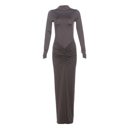 Weird Puss Hipster Ruched Dress Women O-Neck Full Sleeve Skinny Stretch Robe Autumn Trend Simple Classic Pleats Long Bodycon