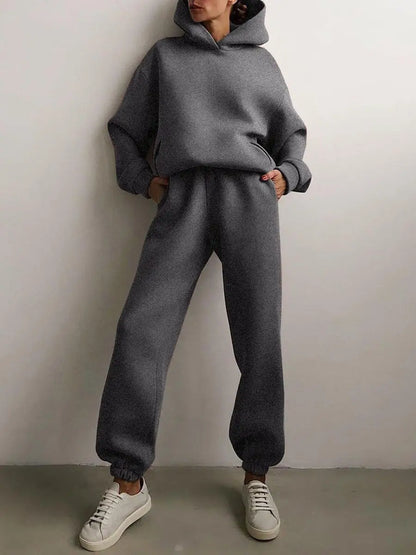 Two Piece Pant Sets Women Solid Thick Sweatshirts Hooded Full Sleeve Elastic Waist Spliced Long Pants Pockets Casual Suits
