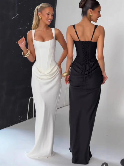 CHNMR Sexy Backless Ruched Maxi Dress for Women U-neck Sleeveless Bandage Bodycon Black Long Dresses Lady Evening Party Gown