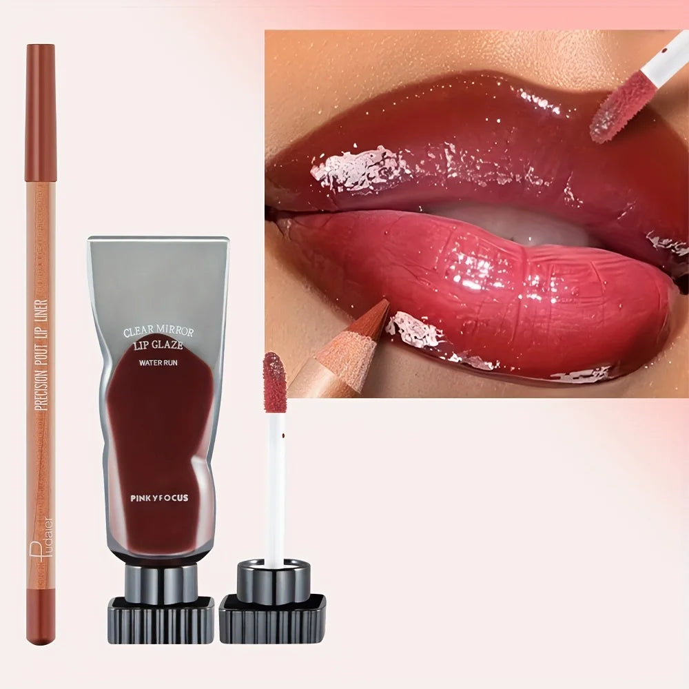 2pcs set of moisturizing and moisturizing lip gloss and durable waterproof lipliner set - high color lipstick, glossy texture