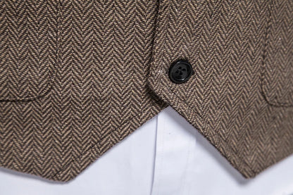 New Men's Retro Lapel Vest Herringbone Coarse Tweed Pockets Suit Vest British Casual Vintage Gentleman Leisure Party Bar Banquet