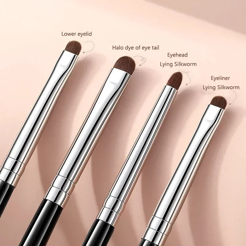 1 Set Of 4 Black Eye Detail Makeup Brushes Pony Hair Precision Eye Shadow Lying Silkworm Brightening Eyeliner Applicator Small