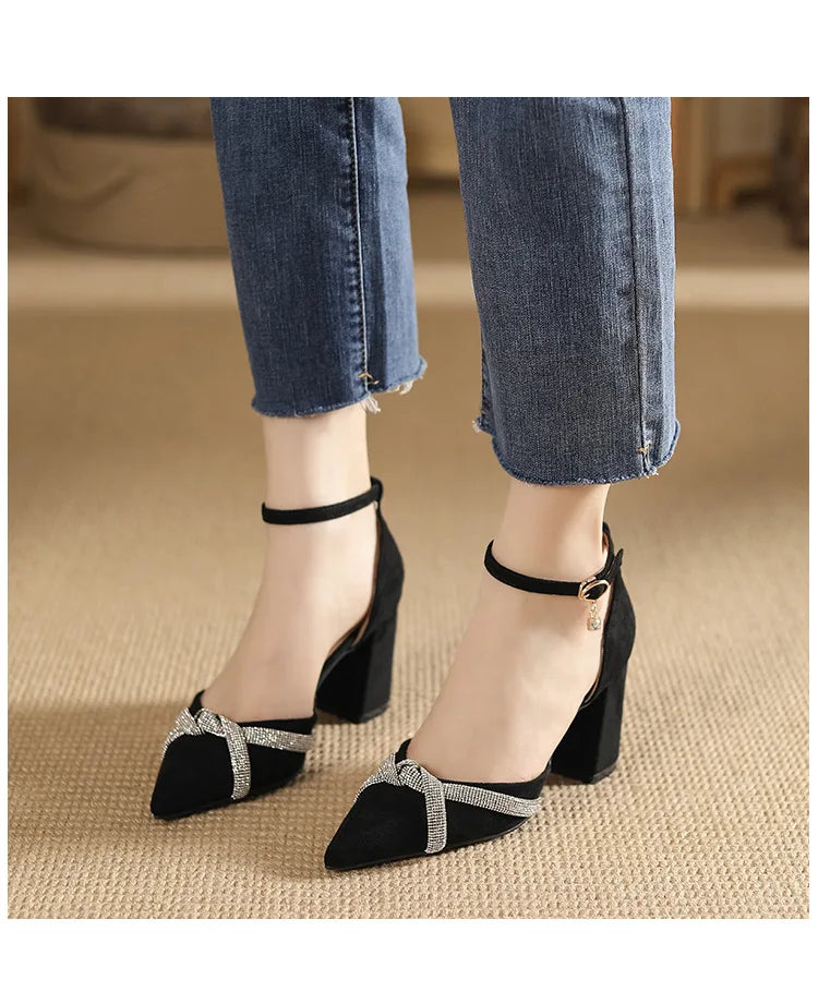 Size 30-44 Chunky Heel Hollow Point Toe High Heels Women Shoes Solid Color Ankle Strap Rhinestone Black Heels