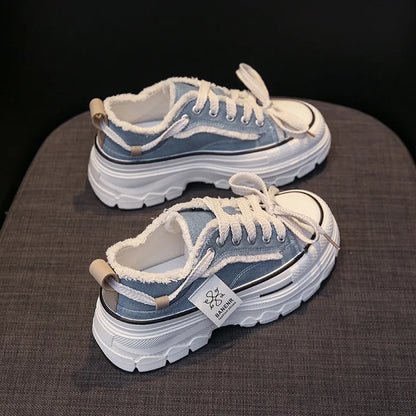 2025 Autumn New Women's Canvas Shoes Round Head Thick Soles Fringed Denim Casual Shoes Increased Height Sports