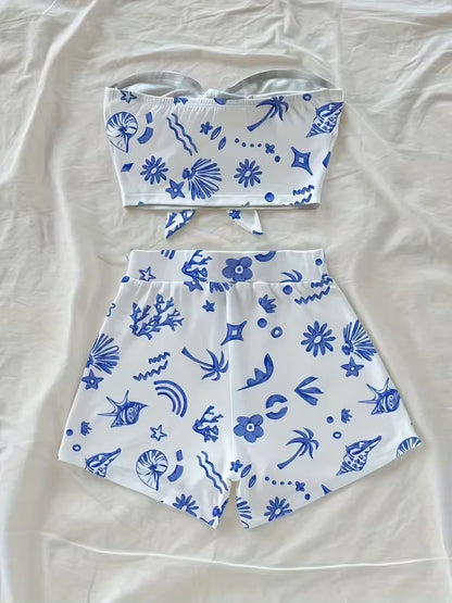 Women's summer casual beach vacation style twisted front top and shorts two-piece set