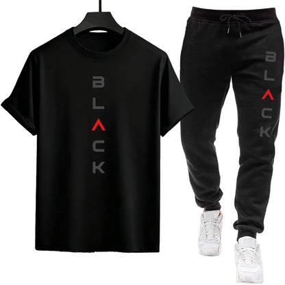Male Spring Summer Home Outdoor Comfort Tees Set Black Letter Print Mens Tracksuit T-shirt + Pants Urban Causal Sports Outfit