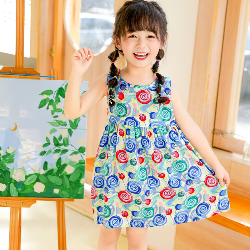 Girls Casual Dresses Flower Printing Sleeveless Casual Dress Toddler Clothes Flower Girl Dresses 2 To 8 Years