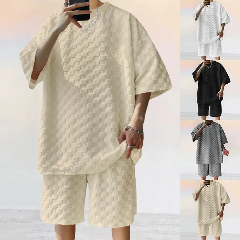 European and American Oversized Fashion Brand Men's Summer New Chessboard Plaid Loose Sports and Leisure Two-Piece Set