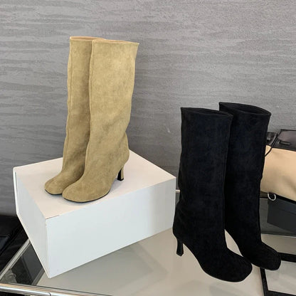 Aneikeh Large Size 41  42 Winter Street Style Round Toe Knee-High Women Boots Punk Thin High Heels Shoes Female Long Booties