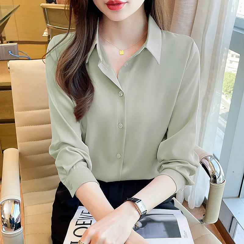 Fashion elegant satin shirts solid color ladies shirts causal Women's Blouses Spring Long Sleeve Shirts Tops Blusas Mujer