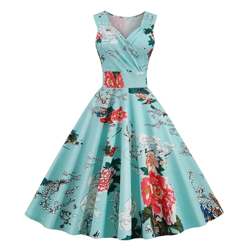 Floral Print 1950s 60s Vintage Women Dress Elegant Summer Robe Ladies Sleeveless V Neck A Line Swing Rockabilly Dresses 2025