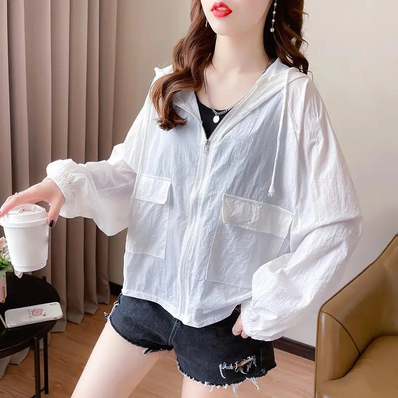 （Summer4）Women Sun Protection Clothing UV Protection Summer Loose Fit Hooded Zippered Thin And Casual