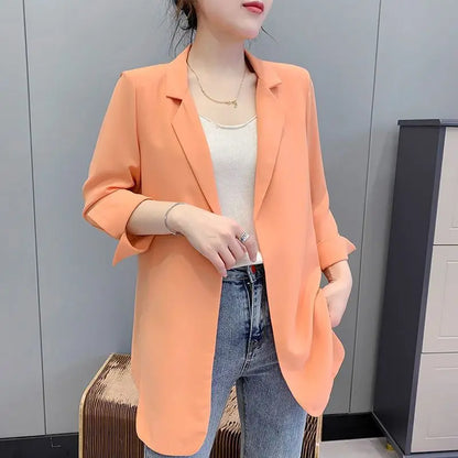 Women Blazer Jacket Cardigan Summer Suit Coat Three Quarter Sleeve Turn Down Collar Office Lady Open Stitch Outerwear 2025