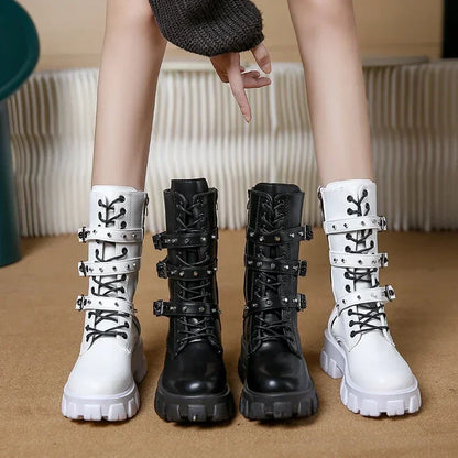 WOMEN BOOTS Goth Boots Woman Winter 2025 Platform Shoes Sneakers Studded Belt Buckle Punk  Chunky Heels Mid Calf Boots