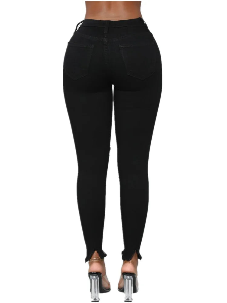 Hole Jeans Women Denim Pencil Pants Ripped Skinny Stretch High Waist 2025 Washed Distressed Ankle Length Trousers Streetwear