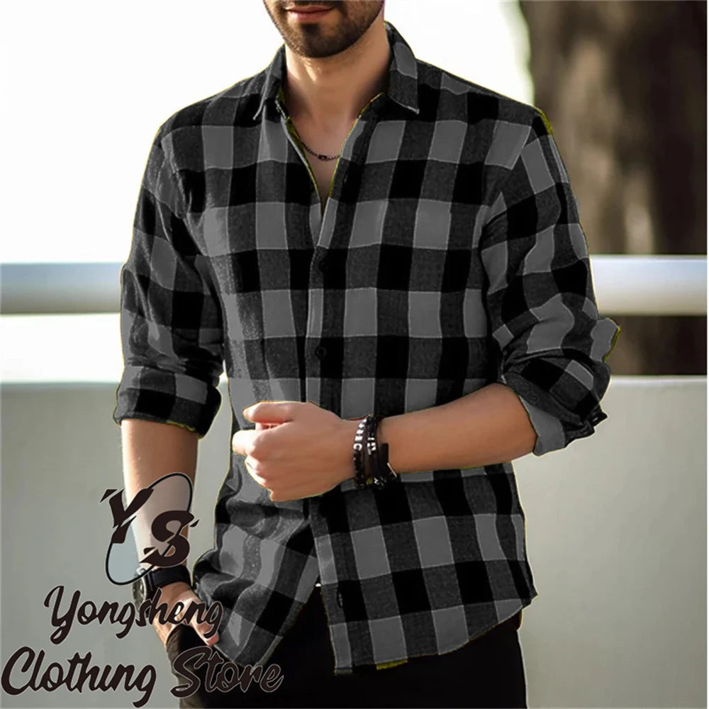 Men's long-sleeved shirt printed shirt plaid casual comfortable handsome commuter large size men's clothing XS-6XL