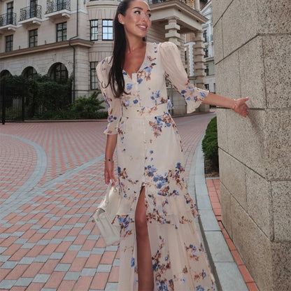 Sexy Print Women Long Dress Urban V-neck Single Breasted Ruffles Half Sleeve Female Dresses 2026 Spring Autumn Lady Robe