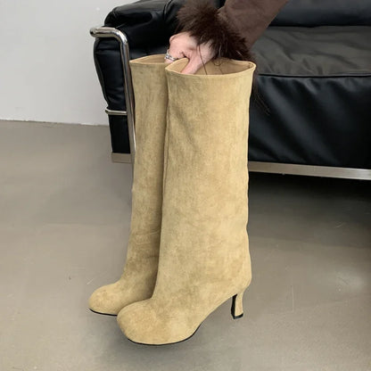 Aneikeh Large Size 41  42 Winter Street Style Round Toe Knee-High Women Boots Punk Thin High Heels Shoes Female Long Booties