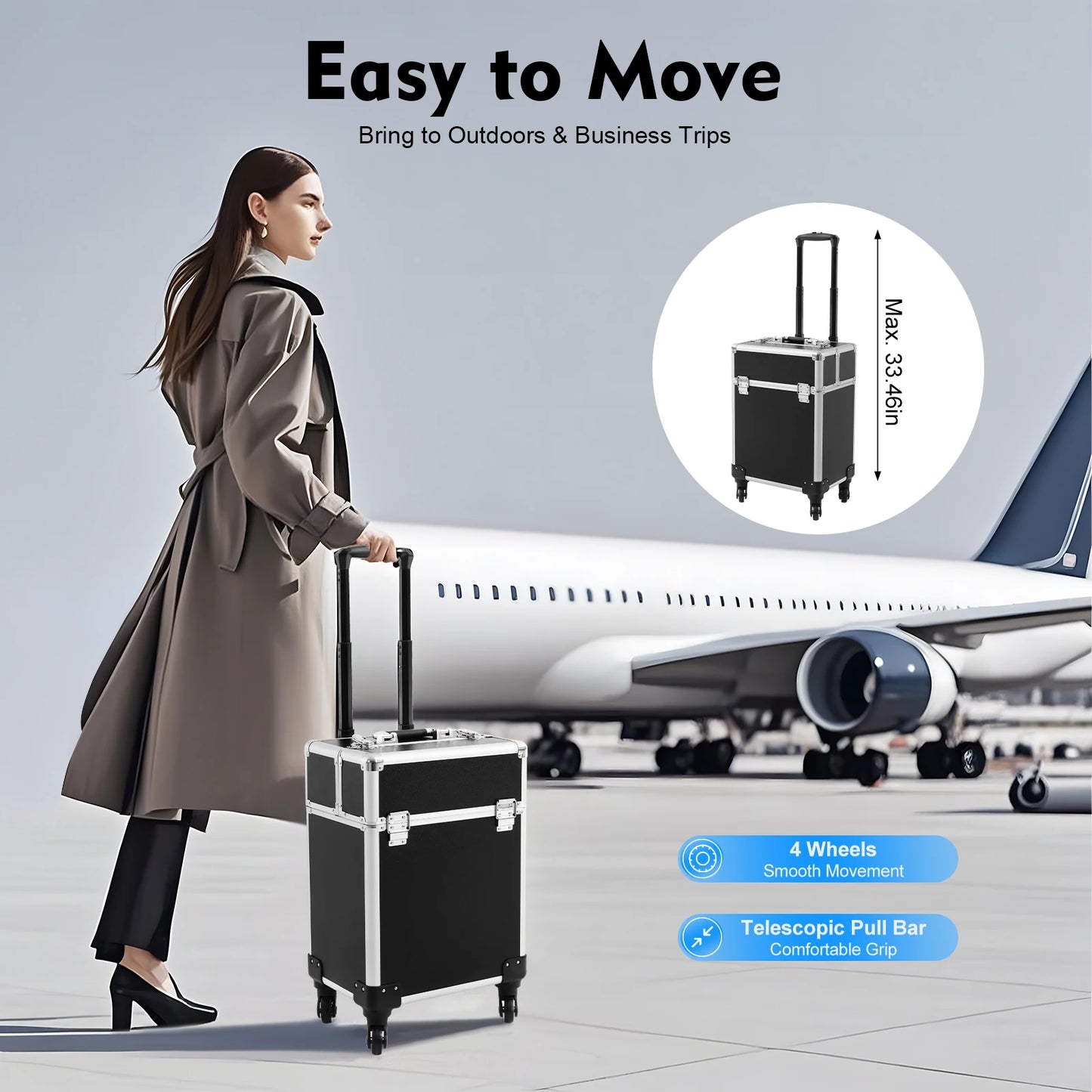 Rolling Makeup Train Case,Cosmetic Trolley with Keys,Hairdressing Travel Case,Large Capacity Trolley Makeup Box,Pink/Black