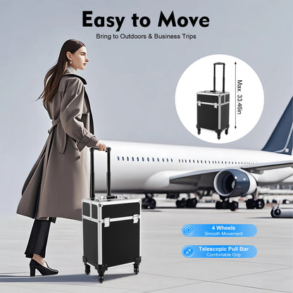 Rolling Makeup Train Case,Cosmetic Trolley with Keys,Hairdressing Travel Case,Large Capacity Trolley Makeup Box,Pink/Black
