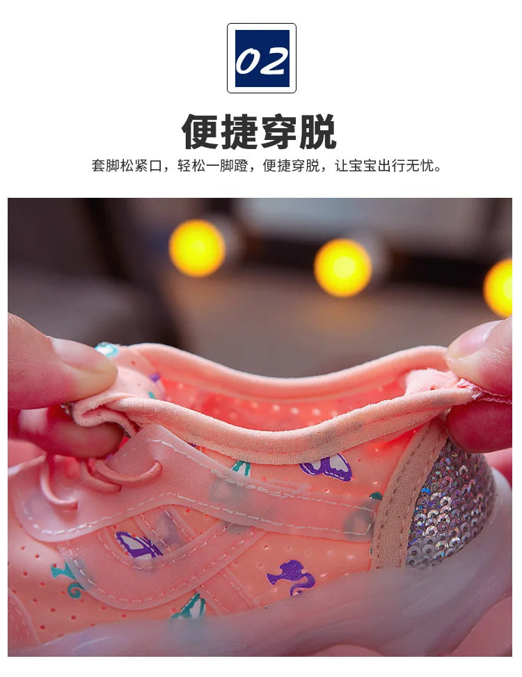 Kid Shoes Children's LED Shining Shoes 2023 Spring New Boys Sports Shoes Girls Elastic Fabric Sequins Casual Shoes Zapatillas