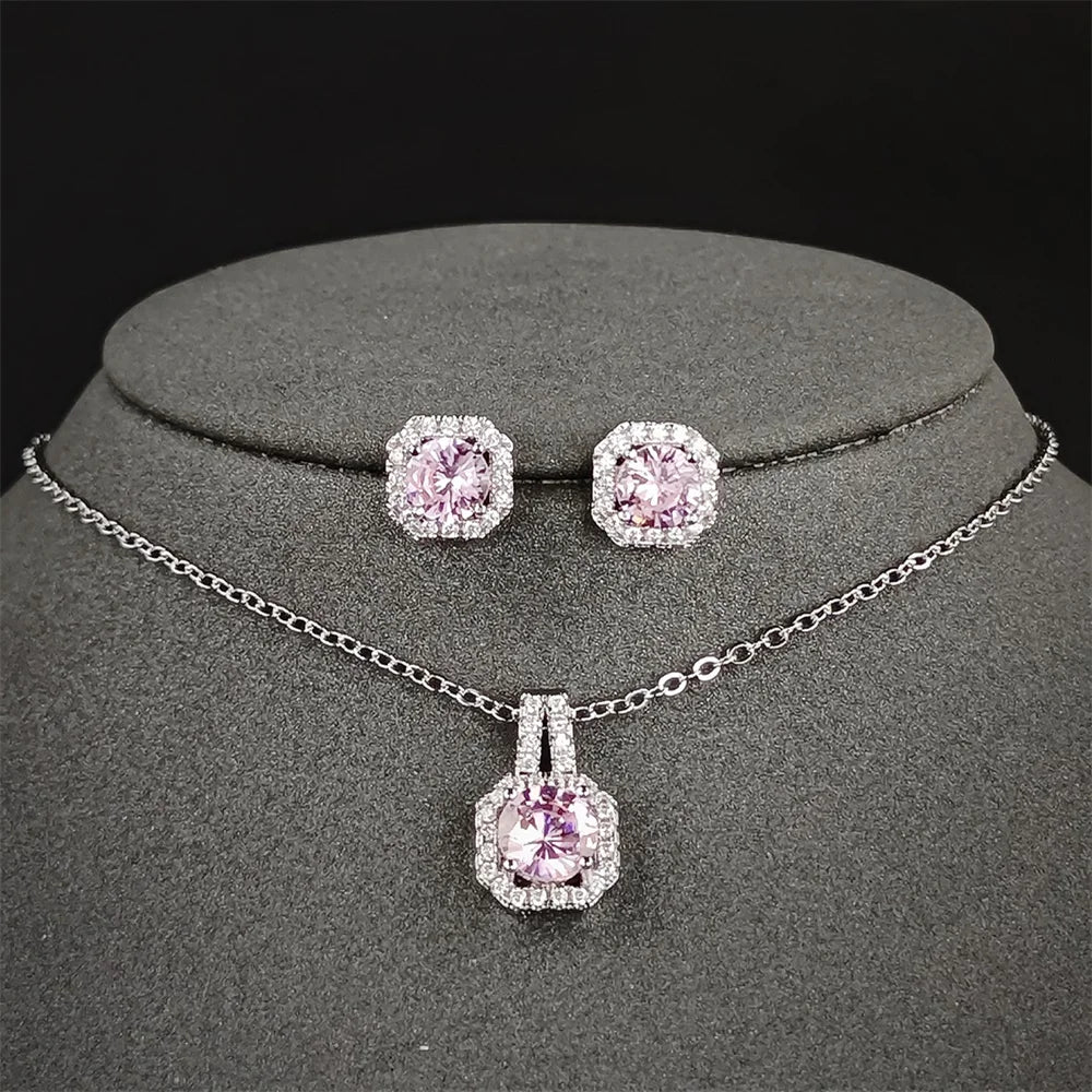 2024 New Trendy Pink Color Earrings and Necklace Pendant Set for Women Anniversary Gift Jewelry Wholesale X1104-E1104