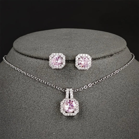 2024 New Trendy Pink Color Earrings and Necklace Pendant Set for Women Anniversary Gift Jewelry Wholesale X1104-E1104