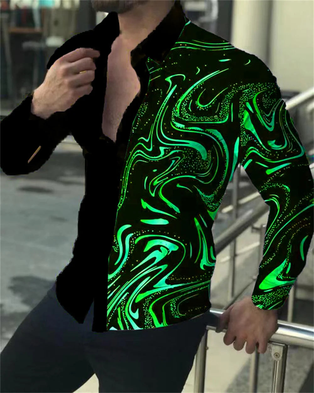 2023 latest men's prom fashion luxury social men's lapel single breasted cardigan shirt casual printing long-sleeved shirt