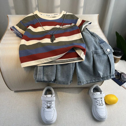Hot Sale Fashion Baby Boy Suit Summer Clothes Short Sleeve T-shirt Short Jeans 2 Piece Set Kids Outfit 2-11Y Children's Costume