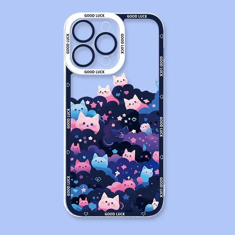 Starry Sky Black Cats Clear Phone Case For iPhone 15 14 13 11 12 16 Pro XS Max Mini XR X SE 7 8 Plus Transparent Cover Fundas