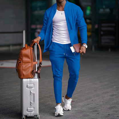 Men's Spring Casual Blazer Set Waffle Baseball Suit round Neck Zipper Long Sleeve Two-Piece Fashion Outfit with Pocket