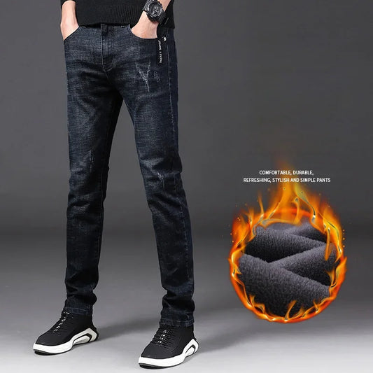 Winter Men Thermal Jeans Snow Warm Stretch Straight Jeans Man Fleece Denim Long Pants Narrow Leg Slim Fit Blue Black Trousers
