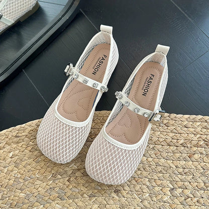 Mesh Breathable Flat Mary Jane Shoes Women Fashion Square Toe Soft Bottom Sandals Comfort Buckle Designer Ballet Shoe for Ladies
