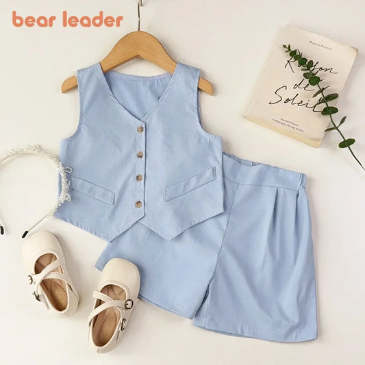 Bear Leader Summer Basic Girls Clothes Korean Version Single Breasted Sleeveless Top+Shorts 2Pcs Sets Gentleman Wedding Boy Suit