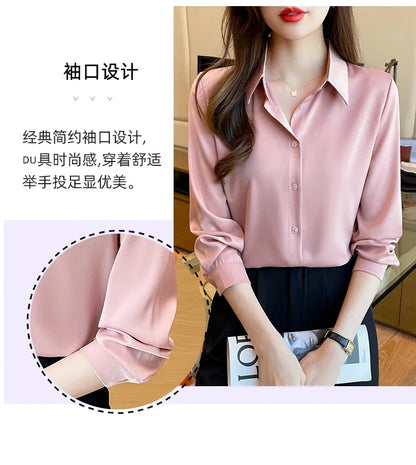 Fashion elegant satin shirts solid color ladies shirts causal Women's Blouses Spring Long Sleeve Shirts Tops Blusas Mujer