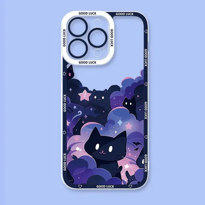 Starry Sky Black Cats Clear Phone Case For iPhone 15 14 13 11 12 16 Pro XS Max Mini XR X SE 7 8 Plus Transparent Cover Fundas