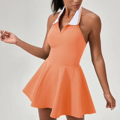 Summer Dress Vest Deep V Hanging Neck Sexy Dress for Women Contrasting Color Lapel Golf Skirt Outdoor Sports Gym Running