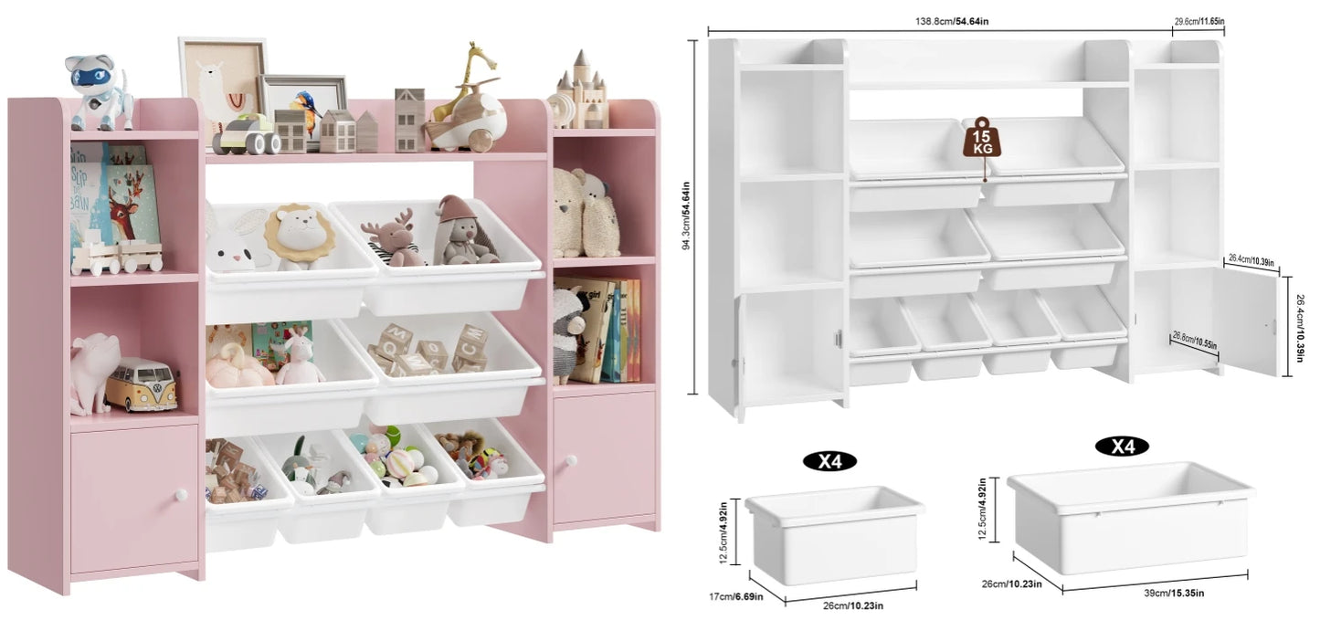 Getone Toy Storage Unit Children's Bookcase Toy Organiser Kids Storage with 8 Removable Boxes and Storage Shelves for Living Room Playroom Bedroom 138.8 x 29.6 x 94.3 cm
