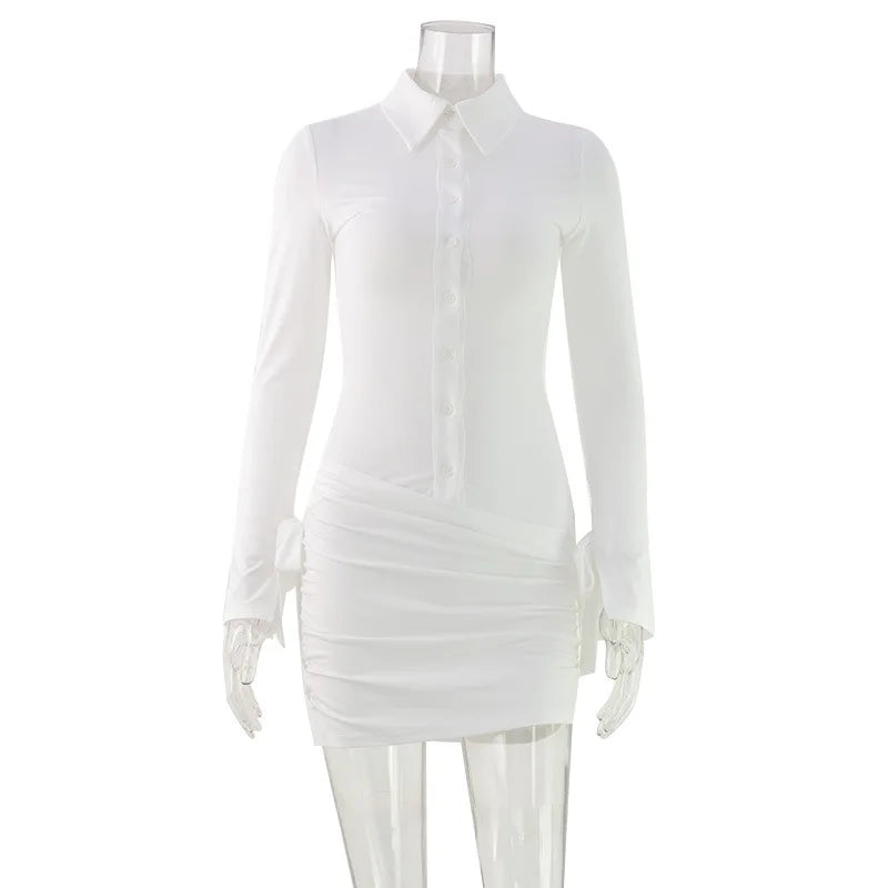 Fashion Hip Wrap Chic Bodycon Women Sexy Club  Vestidos Female Outfits Solid Button O Neck Sheath Laides Dresses Long Sleeve
