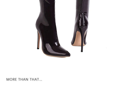Arden Furtado Patent Leather Skinny boots Pointed toe Side zipper Super high heel Knee high boots Extra large size boots