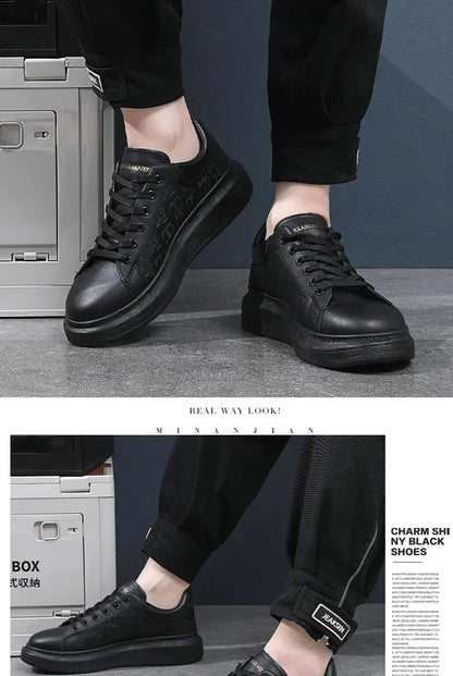 2026 Men's Casual Shoes Spring and Autumn Flat-soled Casual Leather Shoes Sports Shoes Black and White Men's Thick-soled Shoes