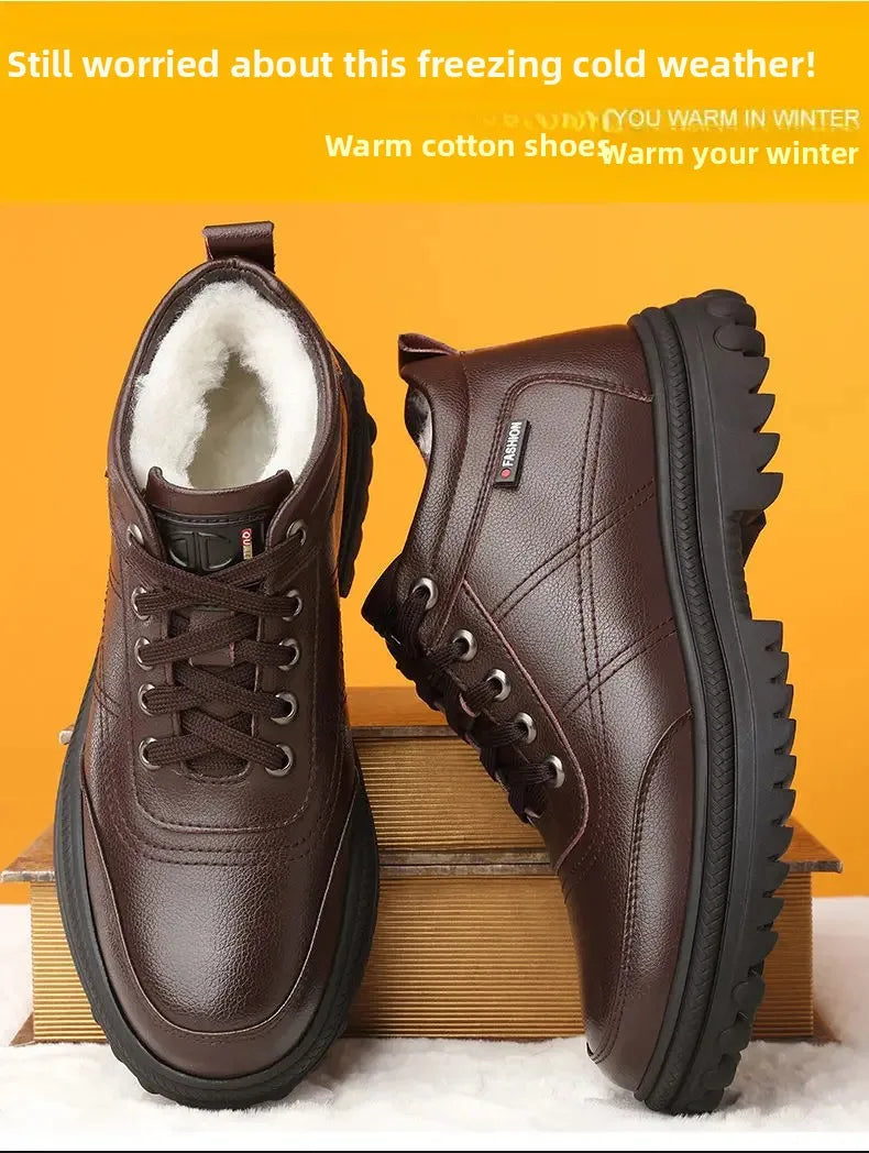 Men's High-Top Cotton Shoes Winter Thickened Fleece Anti-slip Warm Casual Fashion Outdoor Snow Boots Breathable Leather