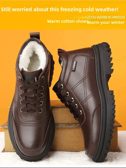 Men's High-Top Cotton Shoes Winter Thickened Fleece Anti-slip Warm Casual Fashion Outdoor Snow Boots Breathable Leather