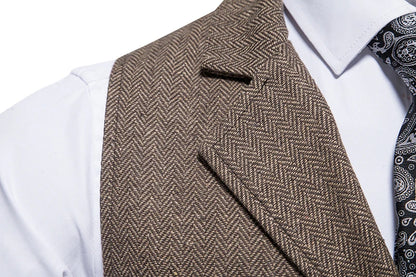 New Men's Retro Lapel Vest Herringbone Coarse Tweed Pockets Suit Vest British Casual Vintage Gentleman Leisure Party Bar Banquet